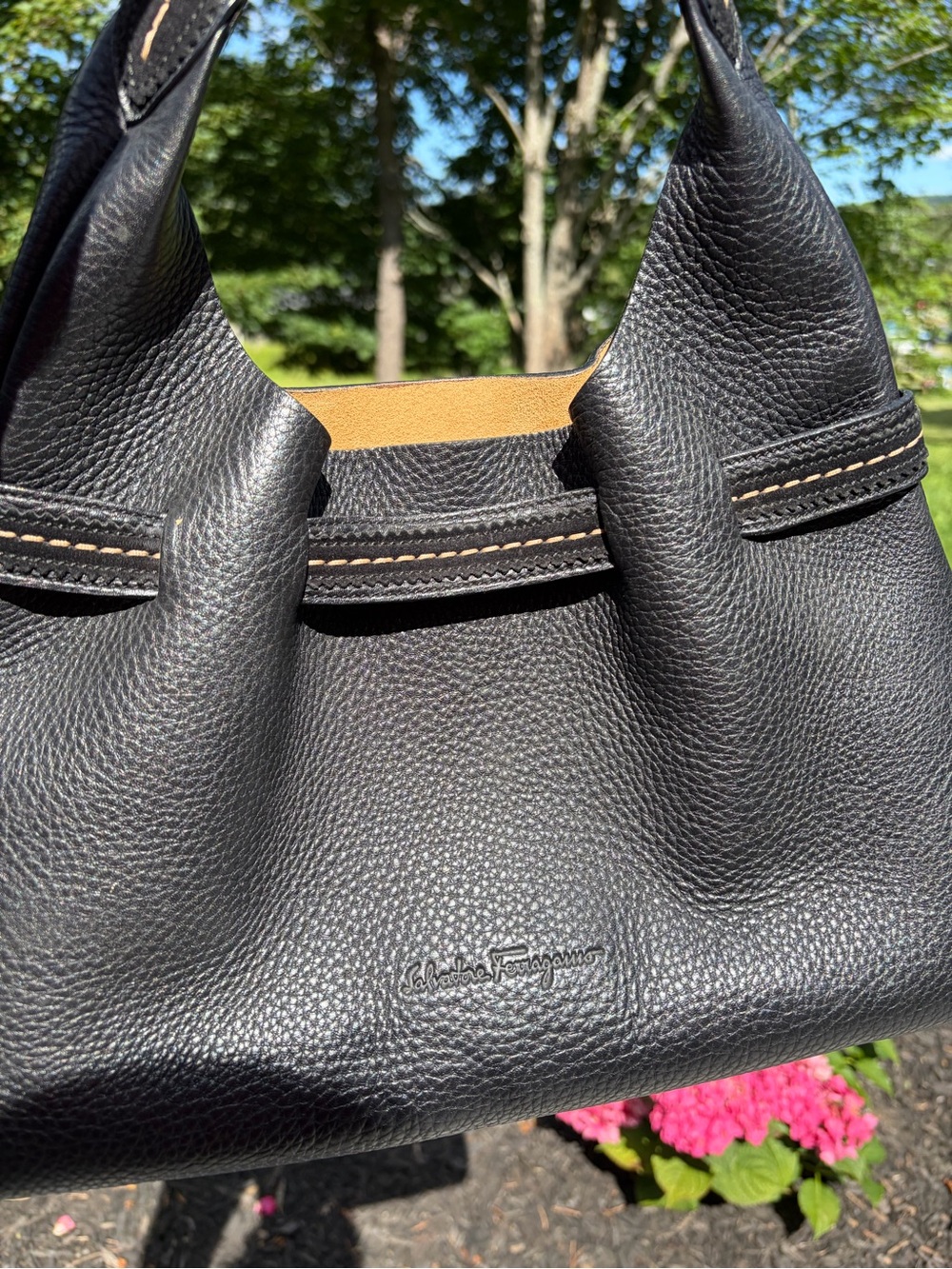 Salvatore Ferragamo Black Leather Shoulder Bag with Tan Interior